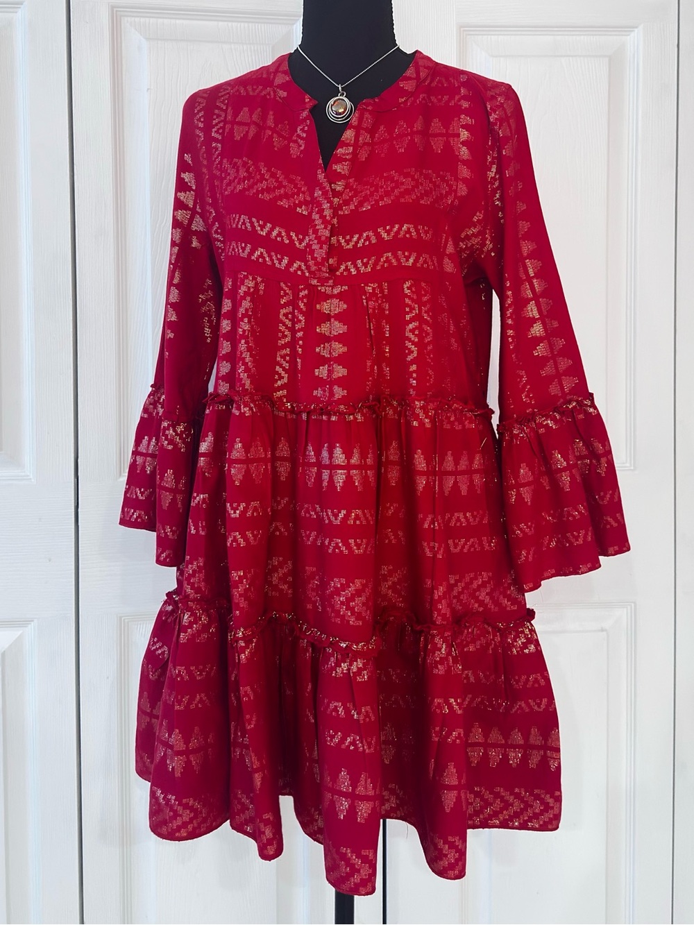 ELAN ~ Red Tiered Ruffled Dress with Metallic Gold Thread Accents Bell Sleeves